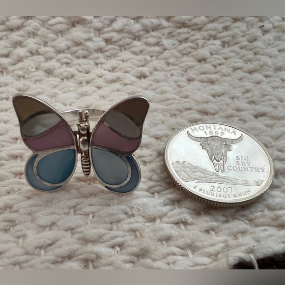 ❤️ Zuni Style Inlaid MOP Signed “LS” Lee Sands Butterfly Moveable Wings Ring - Picture 14 of 15